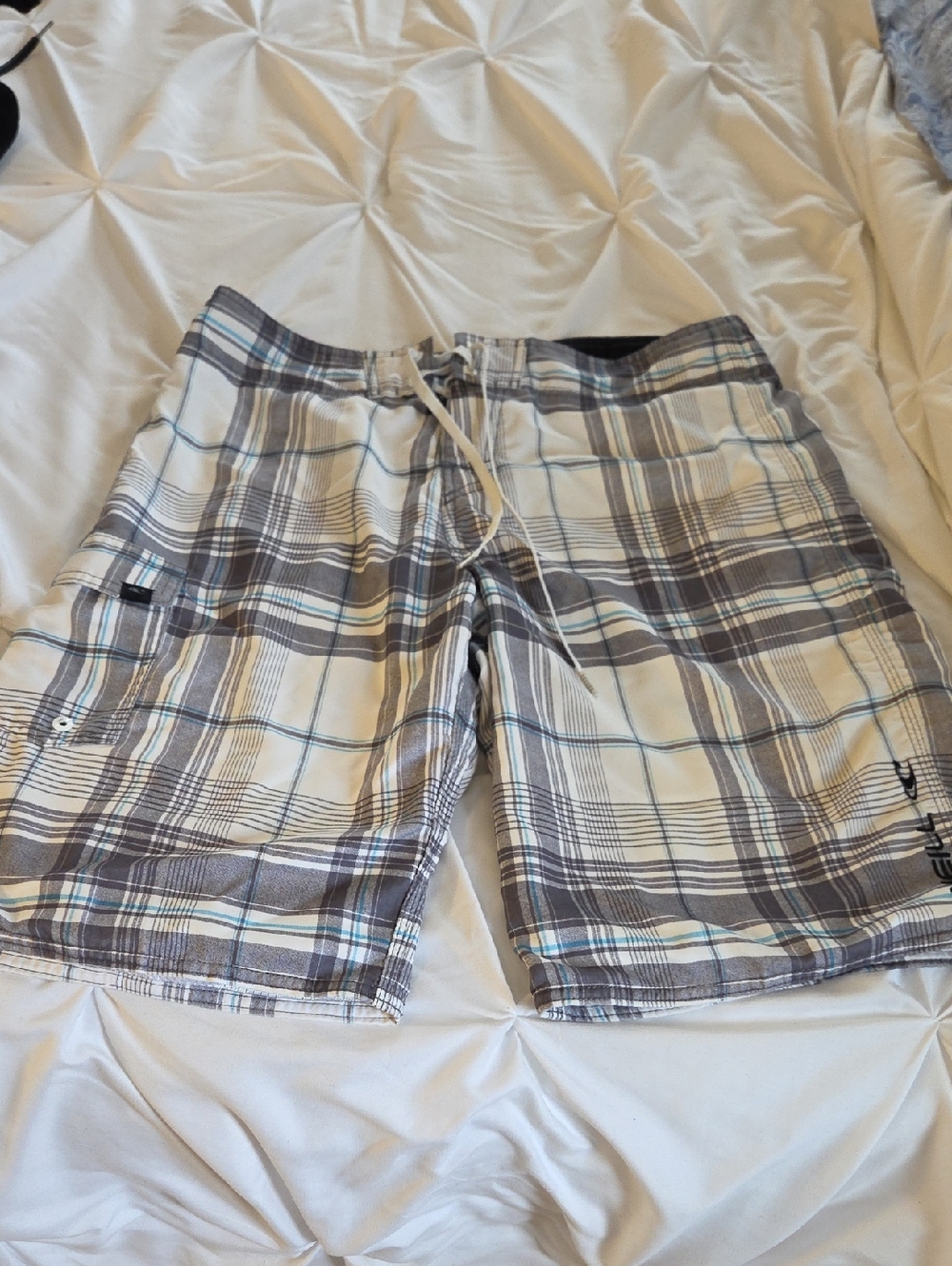 O'Neill Gray and White Plaid Board Shorts